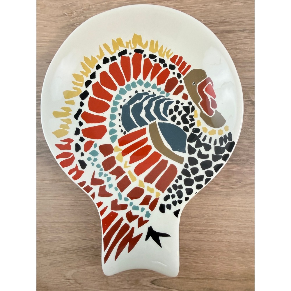 Crate and Barrel Mosaic Turkey Thanksgiving Spoon Rest Handled Plate